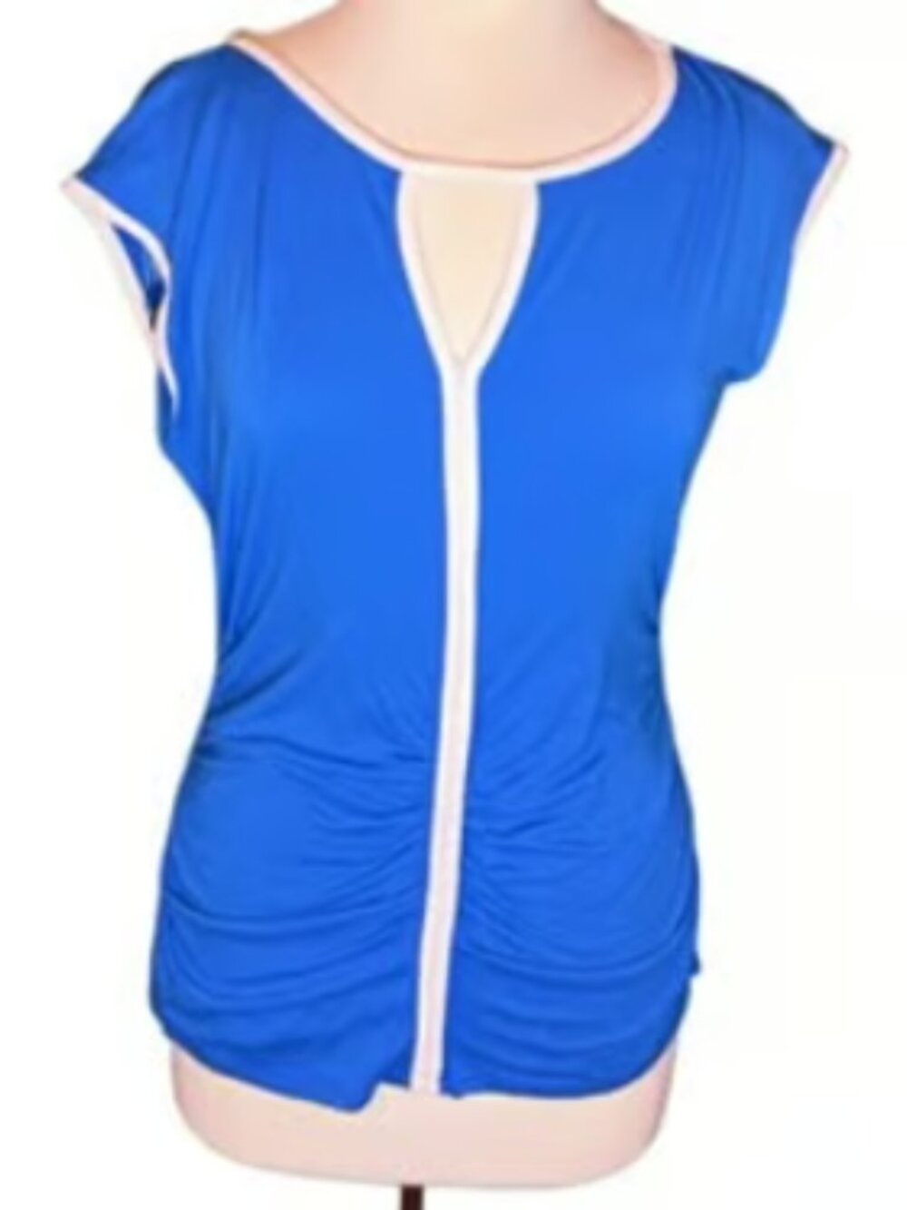 Vince Camuto Short Sleeve Blue Top Ruched Waist V-neck Lightweight Nautical Top